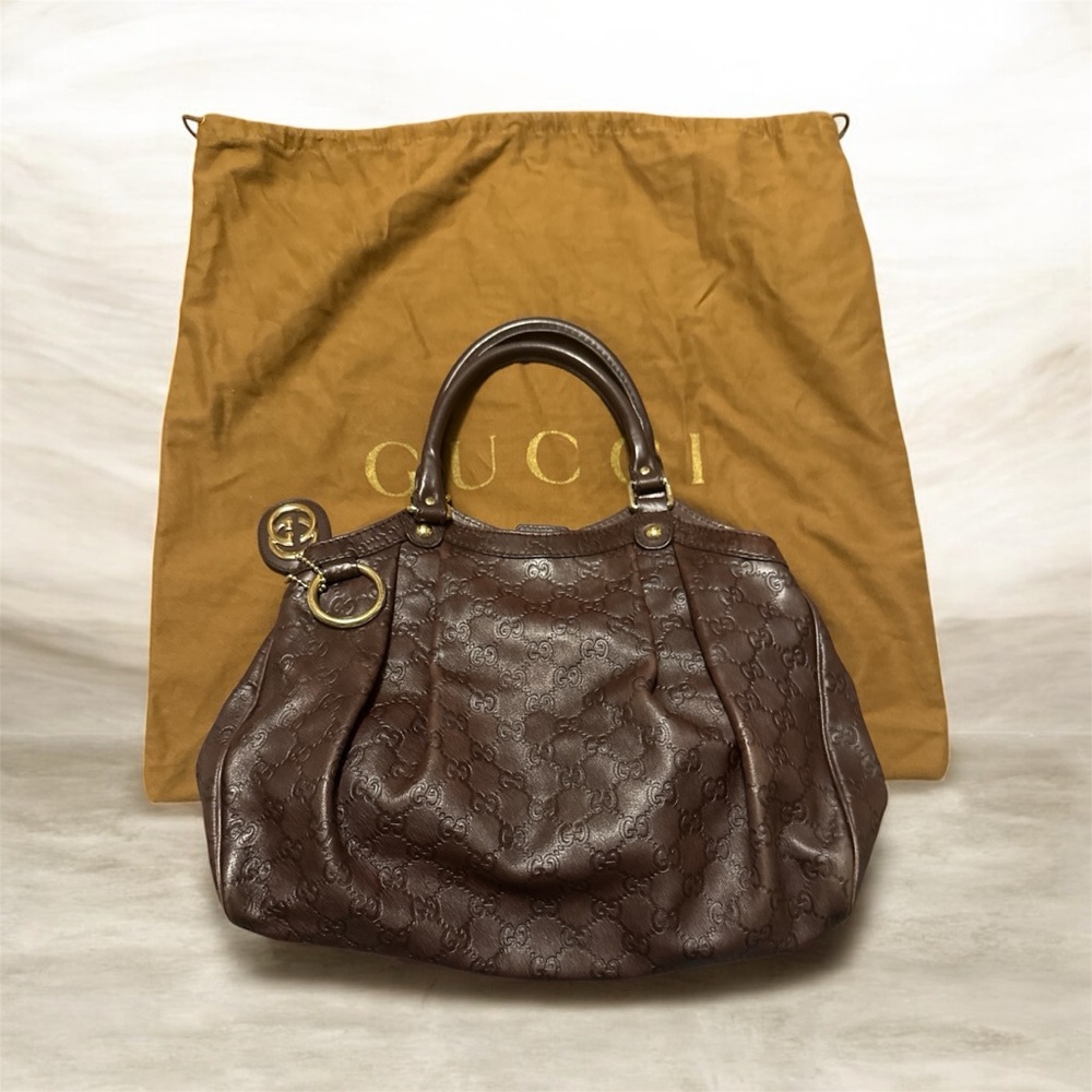 Gucci Vintage Sukey Tote Dark Brown Embossed Leather Shoulder Bag